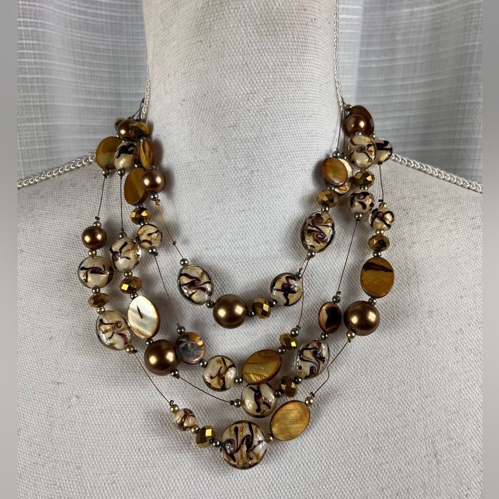 Glass Bead Shell Faux Brown Pearl Floating 4 Strand Necklace Adjustable Brown